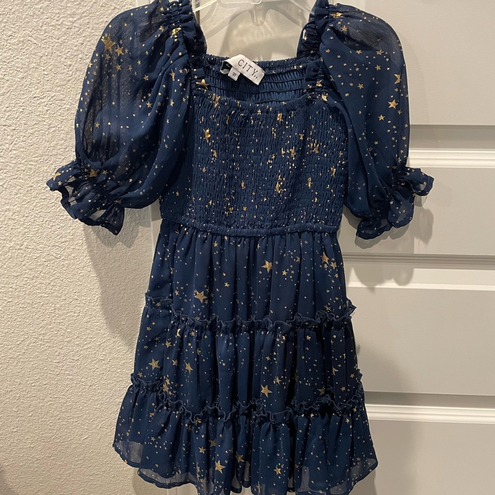 ⭐️ NWOT Ivy City Co Navy Blue & Gold Star Print Dress Size 3T 💫